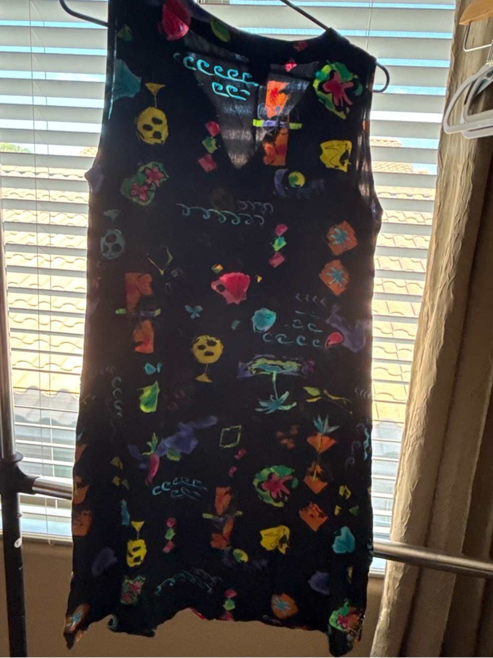 Mango Bay Black V-Neck Dress with Neon Abstract Accents